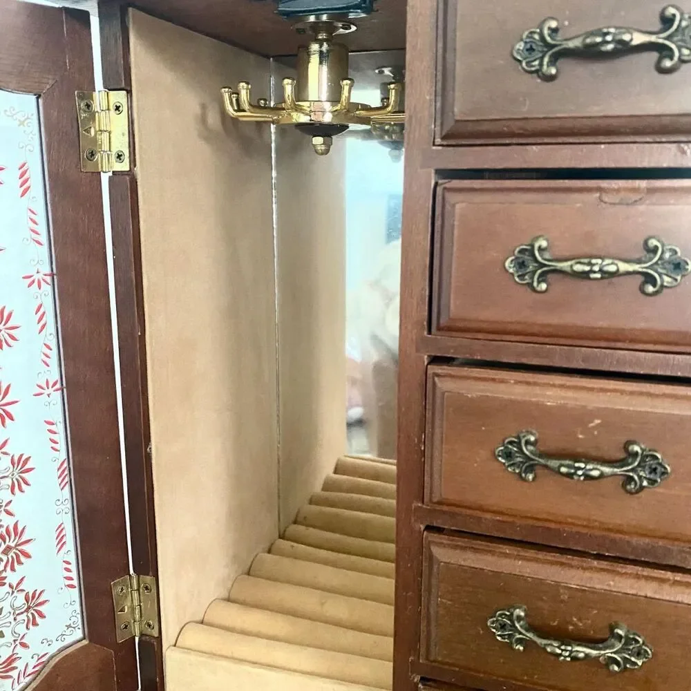 Vintage Taiwanese Wooden Jewelry Armoire Box Mirrored Doors 5 Drawer Jewelry Box